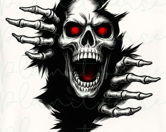 May include: A black and white illustration of a skull with red eyes, breaking through a black background. The skull is screaming with its mouth open and teeth showing. The skull is surrounded by skeletal hands.