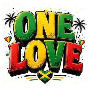 May include: A graphic design featuring the text ONE LOVE in bold, three-dimensional block letters coloured in green, yellow, and red. The design includes silhouettes of palm trees, small heart shapes in the same colours, and a Jamaican flag heart icon.
