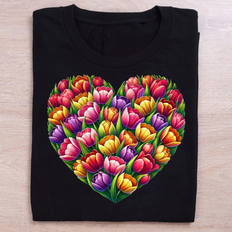 Pode incluir: Camiseta preta com um design em forma de cora&ccedil;&atilde;o feito de tulipas coloridas. As tulipas s&atilde;o em tons de rosa, vermelho, amarelo e roxo, com folhas verdes. A camiseta est&aacute; dobrada cuidadosamente.