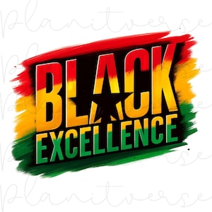 Op de afbeelding: De tekst "Black Excellence" in zwart op een rode, gele en groene achtergrond. De tekst is gestileerd met een zwarte ster in het midden van het woord "Black".