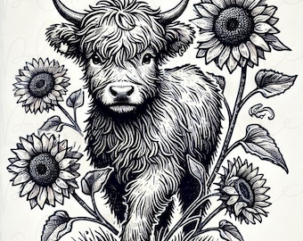 Highland Cow PNG, Highland Cow, Cow With Sunflowers PNG, Black Highland Cow Clipart, Highland Cow Sublimation, Highland Cow Gifts, Western