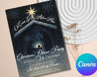 May include: Christmas dinner party invitation featuring a nativity scene silhouette under a starry night sky. The invitation includes the text "Oh Come Let Us Adore Him" and event details, with a Canva logo in the corner.