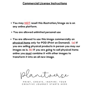 May include: A white document with black text detailing commercial license instructions. The text includes guidelines for image use, specifying personal and commercial applications, and restrictions on online resale. The Planitverse logo is at the bottom.