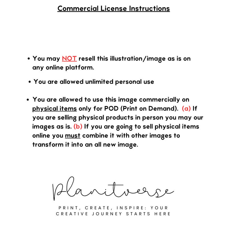 May include: A white document with black text detailing commercial license instructions. The text includes guidelines for image use, specifying personal and commercial applications, and restrictions on online resale. The Planitverse logo is at the bottom.