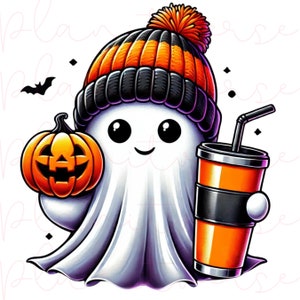 Könnte beinhalten: Ein süßer Cartoon-Geist, der eine orange-schwarze Strickmütze mit einem weißen Bommel trägt. Der Geist hält eine Halloween-Kürbislaterne und eine Tasse Orangensoda mit einem Strohhalm.