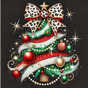 May include: A sparkly Christmas tree with a leopard print bow, red and gold ornaments, and a string of white pearls. The tree is decorated with green and red stripes and has a gold star on top.