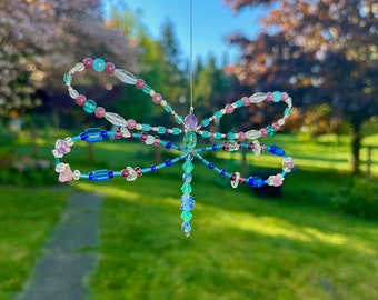 Dragonfly Hanging Decoration.  With Amethyst and Quartz. Dragonfly Beaded Mobile. Suncatcher.