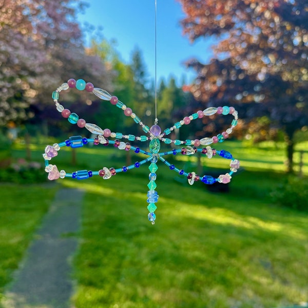 Dragonfly Hanging Decoration.  With Amethyst and Quartz. Dragonfly Beaded Mobile. Suncatcher.