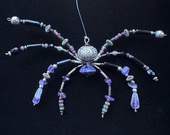 Hanging Beaded Spider Ornament: Handpainted Vintage Clay and Moroccan Silver