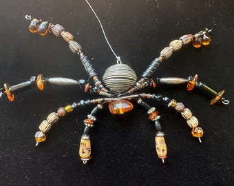 Hanging Beaded Spider Ornament: Amber & Bone Suncatcher