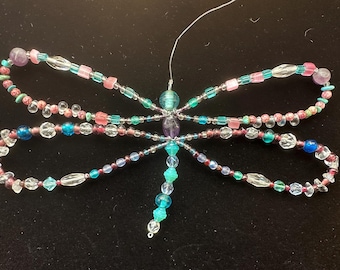 Dragonfly Hanging Decoration - Amethyst and Quartz. Dragonfly Beaded Mobile. Suncatcher.