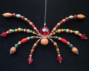Hanging Beaded Spider Decoration - Faceted Glass and Cherry Wood Christmas Suncatcher