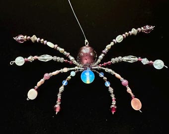 Hanging Beaded Spider Ornament: Opalite, Lampwork Glass and Garnet Suncatcher.