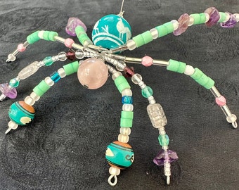 Beaded Spider - Painted Clay, Rose Quartz and Amethyst Hanging Spider, Ornament, Sun Catcher
