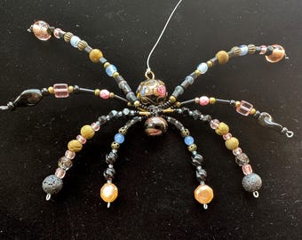 Hanging Beaded Spider Decor: Obsidian and Vintage Fiorato Glass.