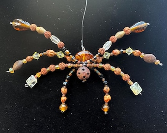 Hanging Beaded Spider Ornament: Amber, Wood & Gemstone Suncatcher
