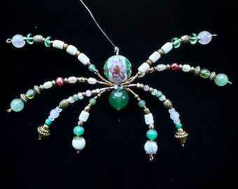 Hanging Spider Ornament: Vintage Cloisonne enamel and Green Glass Beaded Suncatcher.