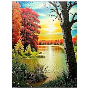 Canvas Print of Sunset Over Lake with Brilliant Fall Colors Landscape Digital Art Picture for Home Décor to Brighten any Room in your Home