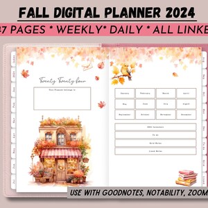 May include: A digital planner with a fall theme. The cover features a watercolor illustration of a building with a pink awning and fall leaves. The planner has 447 pages and includes weekly and daily views. The text "Twenty Twenty Four" is written on the cover. The planner is compatible with Goodnotes, Notability, and Zoomnotes.