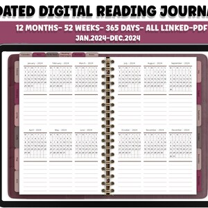 May include: A digital reading journal with a maroon cover and gold spiral binding. The journal includes monthly calendars for January 2024 through December 2024, with space for notes and reading challenges.