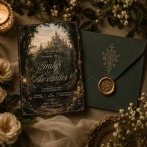 Può includere: Un invito di nozze rettangolare con un'illustrazione di una foresta scura e un castello con testo dorato Emily and Alexander, abbinato a una busta verde scuro chiusa da un sigillo in ceralacca dorato con motivo botanico.