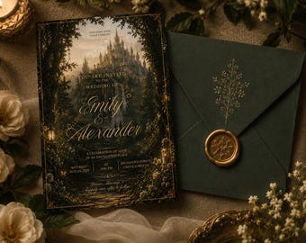 Enchanted Forest Wedding Invitation Template, Storybook Castle Woodland Invite (Editable Download)