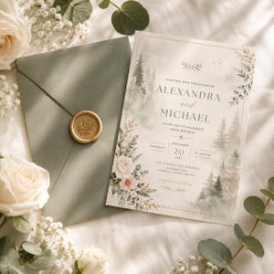 May include: A wedding invitation card featuring a watercolor forest landscape, floral accents, and the text Alexandra and Michael, paired with a sage green envelope sealed with a gold wax seal, surrounded by white roses and eucalyptus leaves.