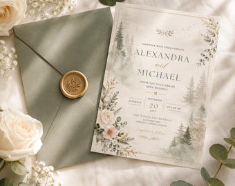 Forest Wedding Invitation, Woodland Wedding, Editable Canva Template, Rustic Elegant Ceremony Card
