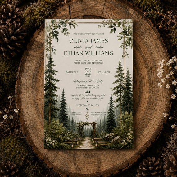 Enchanted Woodland Wedding Invitation, Rustic Forest Greenery Design (Digital Download)