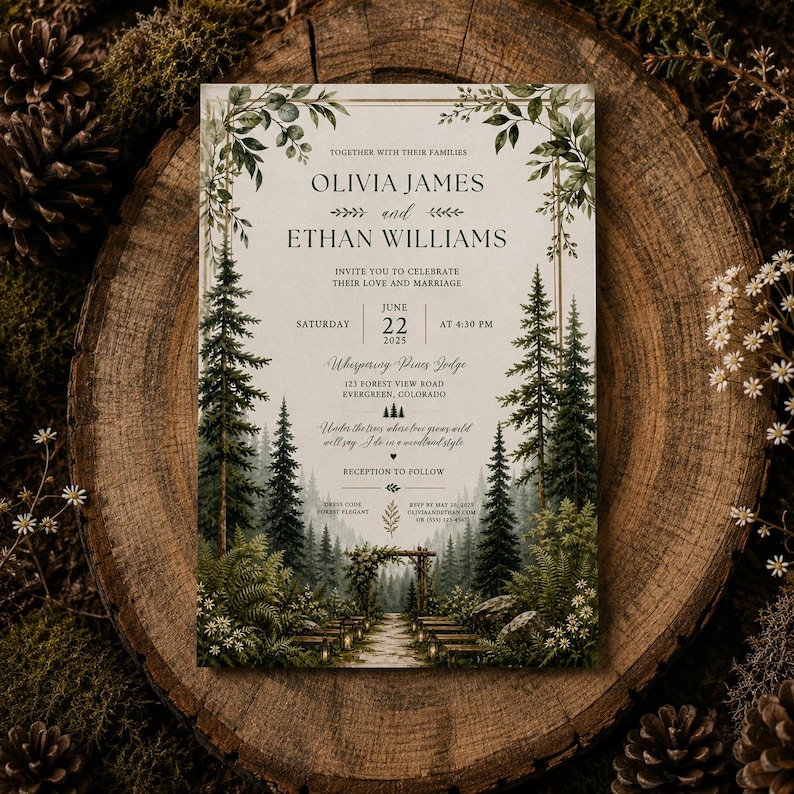 Enchanted Woodland Wedding Invitation, Rustic Forest Greenery Design (Digital Download)