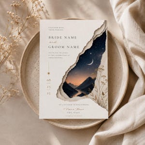 Celestial Wedding Invitation Template, Starry Night, Moon Mountains,(Digital Download)