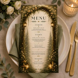 Può includere: Un menu di nozze a tema foresta. Il menu presenta un arco floreale, lanterne e un elenco di piatti. La carta è posta su un piatto bianco con un tovagliolo verde, posate dorate e una candela accesa.