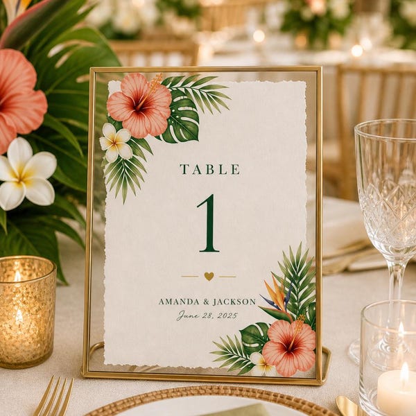 Tropical Wedding Table Number Template, Beach Floral Hibiscus Sign (Editable Instant Download)