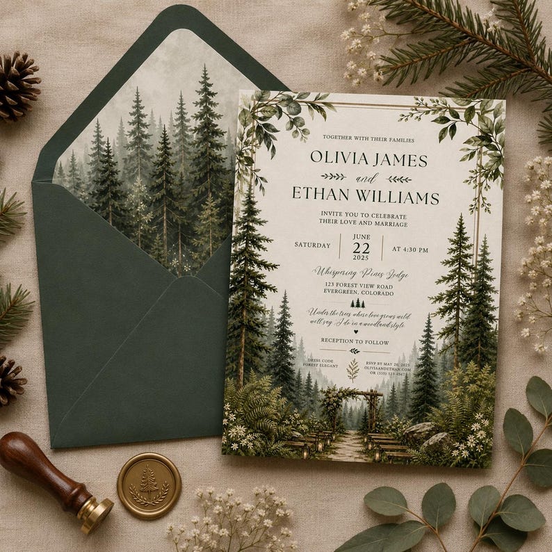 Enchanted Woodland Wedding Invitation, Rustic Forest Greenery Design (Digital Download)