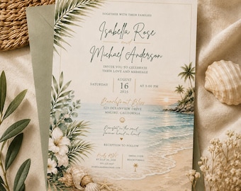 Tropical Beach Wedding Invitation | Watercolor Ocean Sunset Template (Digital Download)