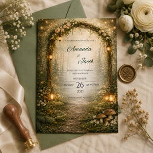 Invitación de boda Bosque Encantado, Tema Rústico Natural, Plantilla editable de Canva (Descarga digital)