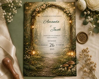 Enchanted Forest Wedding Invitation, Rustic Nature Theme, Editable Canva Template (Digital Download)