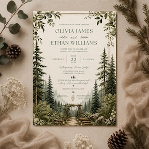 Enchanted Woodland Wedding Invitation, Rustic Forest Greenery Design (Digital Download)