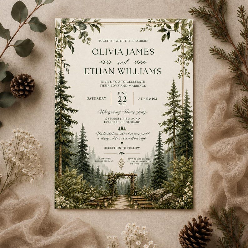 Enchanted Woodland Wedding Invitation, Rustic Forest Greenery Design (Digital Download)