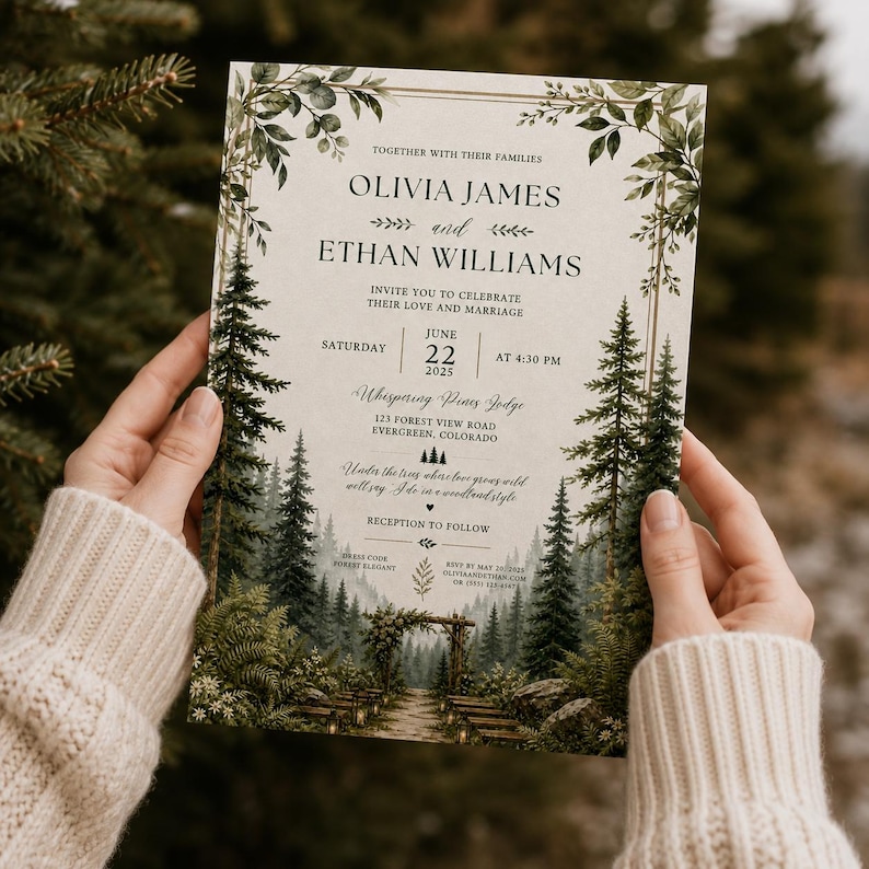 Enchanted Woodland Wedding Invitation, Rustic Forest Greenery Design (Digital Download)