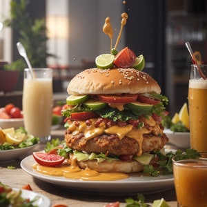 May include: A large, multi-layered burger with lettuce, tomato, cheese, and beans, topped with lime wedges and a drizzle of sauce. The burger is on a white plate with a side of orange juice.