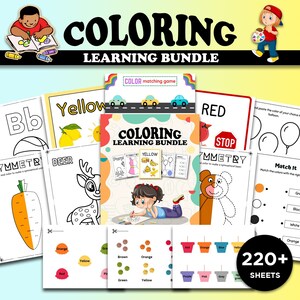May include: A set of printable coloring pages for kids. The pages feature a variety of themes, including letters, animals, and symmetry exercises. The set includes over 220 pages and is perfect for preschool and kindergarten children.