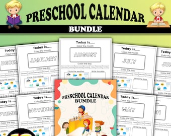 12 Printable Preschool Calendar Worksheet Pages | Month, Day, Date, Weather | Monthly Digital Calendar | Interactive Homeschool Notebook