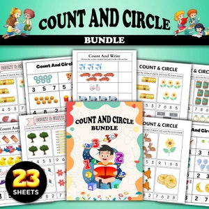 May include: A set of 23 printable worksheets for kids to practice counting and circling the correct number of objects. The worksheets feature colorful illustrations of various objects, including cars, airplanes, sunflowers, and more. The title of the set is "Count and Circle Bundle".