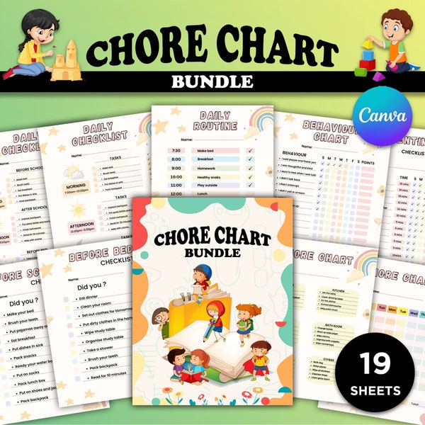 Editable Kids Chore Charts, Reward, Allowance, Screen time, School Routine, Behavior Chart, Consequences, Daily Checklist, Weekly Chores PDF