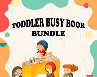 Peut inclure: Illustration colorée pour un ensemble de livres d'activités pour tout-petits. L'image présente des enfants interagissant avec des livres et du matériel scolaire. Le texte "TODDLER BUSY BOOK BUNDLE" est affiché en haut. Le fond a des formes abstraites en orange, rouge et sarcelle.