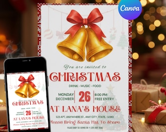Invitación editable para fiesta de Navidad, diseño de lazo rojo (descarga digital)