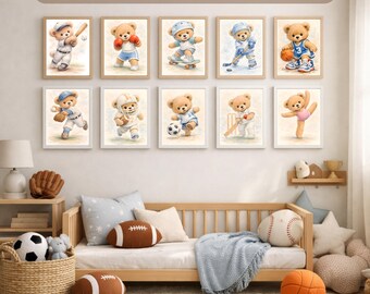 Juego de 15 láminas decorativas de ositos de peluche con motivos deportivos - Ilustración vintage imprimible en acuarela - Decoración infantil con temática deportiva - Regalo para baby shower de niño