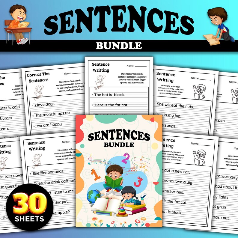 30 Printable Sheets Sentence Worksheets Sentence Writing Worksheets Writing Sentences Activity for Pre School 1st-3rd Grade Worksheets image 1