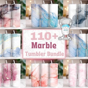 Peut inclure: Un ensemble de plus de 110 designs de gobelets en marbre. Les gobelets présentent différents motifs de marbre dans des tons de rose, bleu et gris. Le texte "110+ Marble Tumbler Bundle" est affiché au centre de l'image.